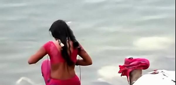  Indian woman bathing in ganges river backless open